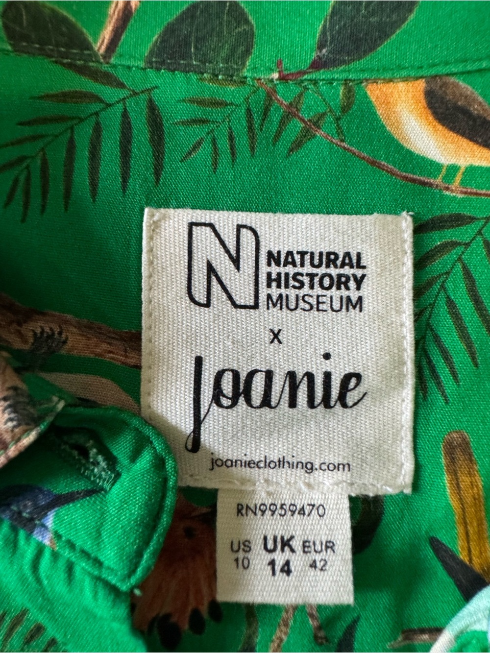 Joanie x Natural History Museum Bird Print Blouse Women’s US 10 Green - Picture 2 of 8
